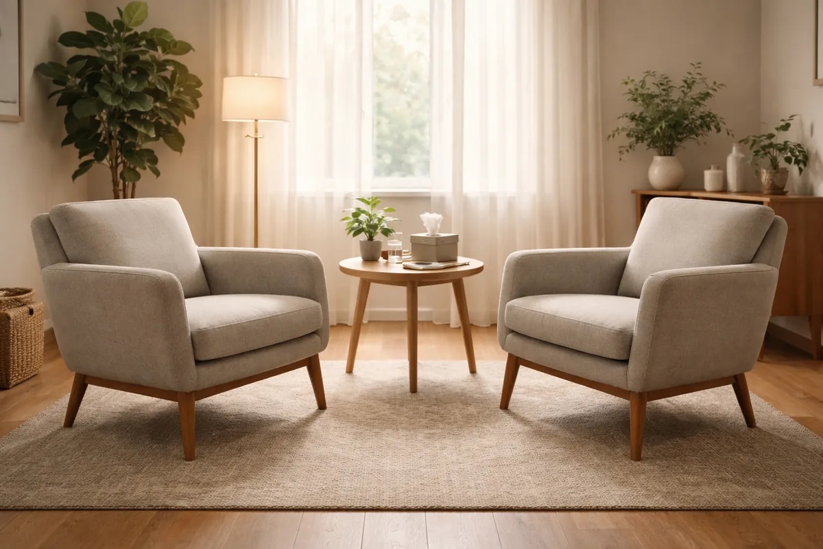 Deux fauteuils face à face dans un cabinet chaleureux